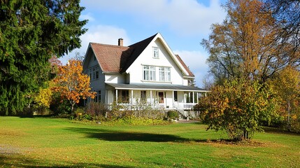 Obraz premium Charming country house surrounded by picturesque landscapes, featuring a rustic design with inviting elements like a porch, garden, and lush greenery. This illustration captures the essence of rural 