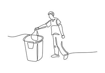 Continuous Line Drawing of Man Disposing Trash in Garbage Can for Minimalist Waste Management