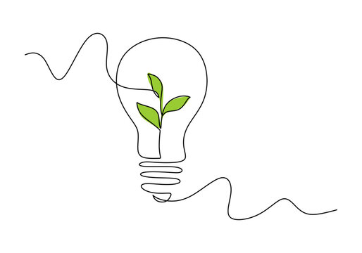 Eco-Friendly Light Bulb with Leaf Continuous Line Art for Green Energy Promotion