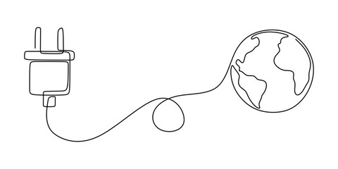 Obraz premium Eco-Friendly Energy Solutions One Line Drawing of Electric Plug and Earth Icon