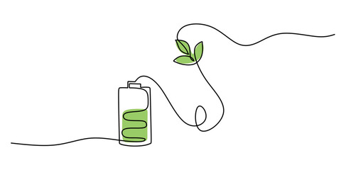 Continuous Line Drawing of Battery with Lightning and Leaf Icon for Sustainable Green Energy