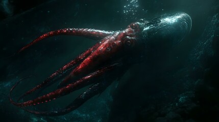 A mysterious giant squid swimming deep underwater, casting surreal shadows, illuminated by eerie light in its natural habitat.