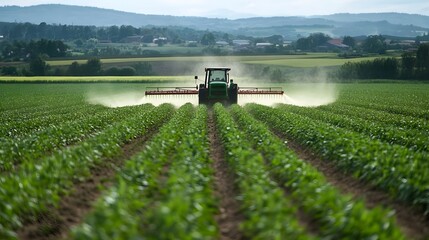Fototapeta premium Tractor Spraying Pesticide on Agricultural Field in Countryside Landscape