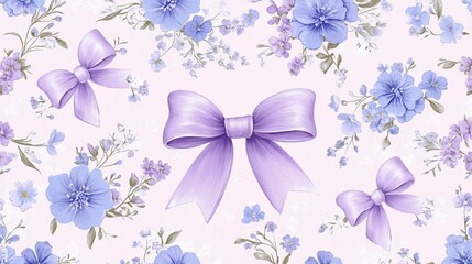 Seamless pattern showcasing delicate flowers and soft purple bows, with a pink background that blends soft blue-green flowers and delicate details, perfect for modern style children's wallpaper design