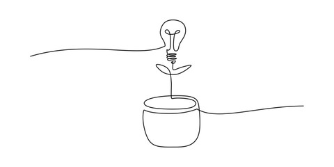 Light Bulb Plant Growing from Pot Continuous Line Drawing Minimalist Vector Illustration