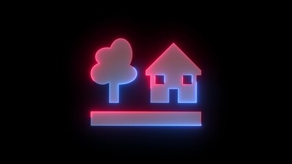 Neon House and Tree Icon on Black Background