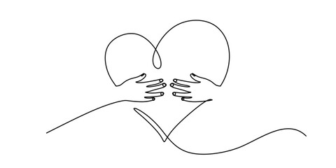 Continuous Line Drawing of Hands Hugging Heart Minimalist Love Concept Vector Illustration