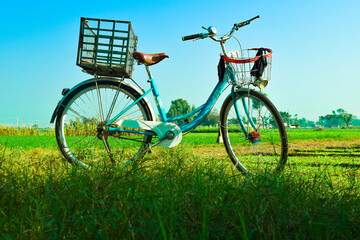 nice Bicycle on green grass. Bike with fruit basket. Go on picnic this weekend. Healthy food and fresh air. with sky and blue village, Vintage bicycle waiting on the grass 