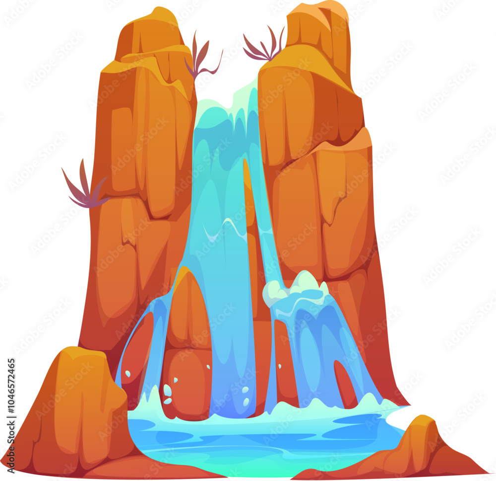 Poster cartoon waterfall water cascade. vector natural splashing streams and jets falling down from the wil