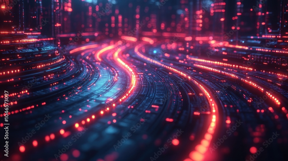 Poster abstract digital landscape with glowing lines and patterns.
