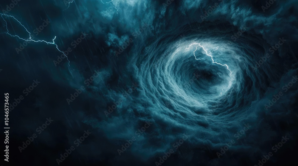 Poster Dramatic storm clouds with swirling patterns and lightning flashes.