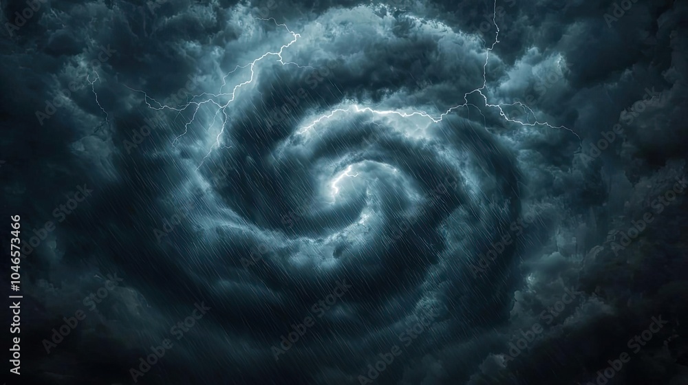 Poster dark swirling storm clouds with lightning flashes in a dramatic sky.