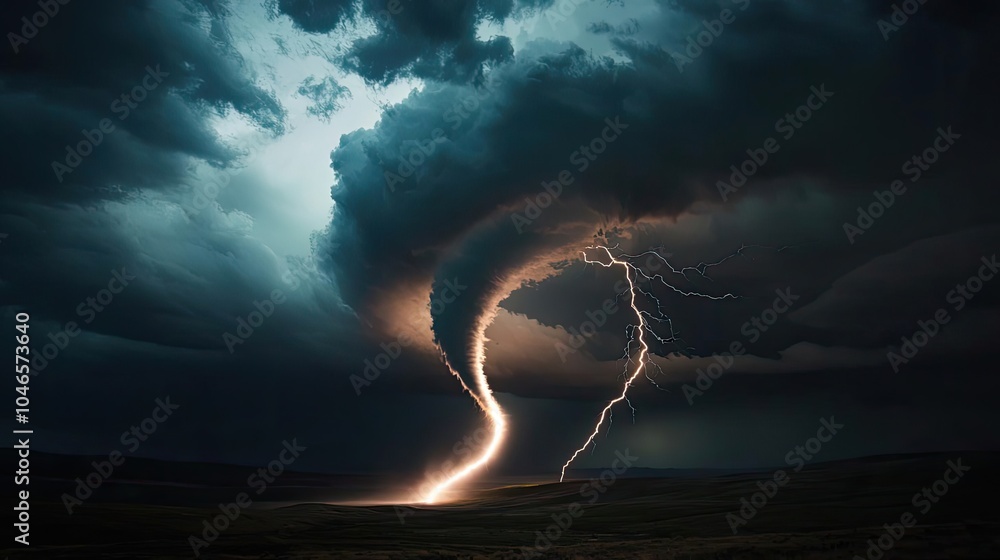 Poster dramatic storm clouds with lightning and a tornado forming in a dark sky.