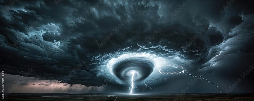 Poster dramatic storm clouds with lightning illuminating the sky.