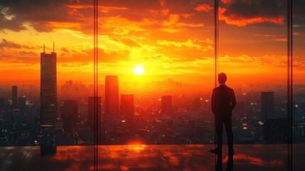 Fototapeta premium Silhouette of a person overlooking a vibrant sunset cityscape.