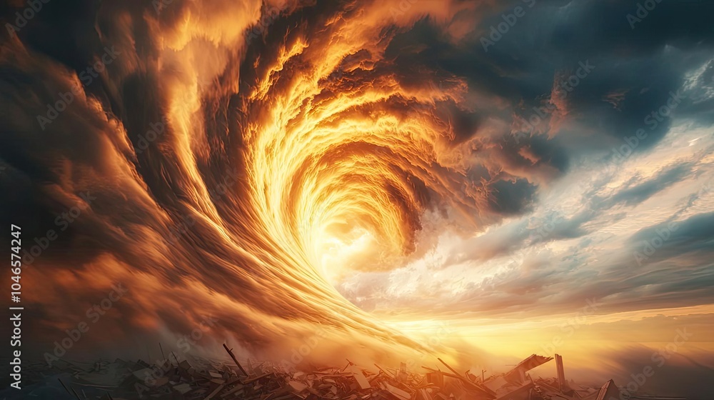 Poster dramatic swirling clouds at sunset with vibrant colors and dynamic wave-like shapes.