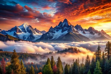 Obraz premium Breathtaking Misty Mountain Range with Towering Peaks and Vibrant Colorful Landscape at Sunrise