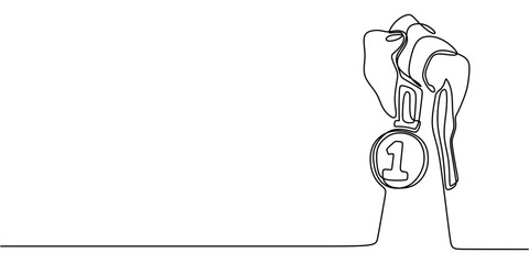 Continuous Line Drawing of Hand Holding Medal Award Minimalist Design Vector Illustration