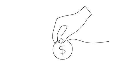 Continuous Line Drawing of Hand Holding Coin for Banking and Finance Concept