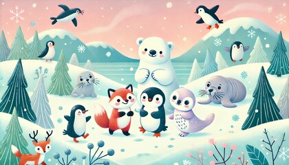 Obraz premium A Group of Adorable Arctic Animals Enjoying a Playful Winter Day Amid Snow-Covered Hills and Snowflakes