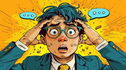 A worried young man in a suit expressing anxiety with colorful background and dialogue bubbles
