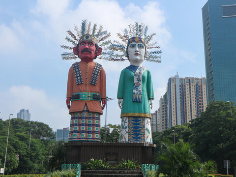Jakarta, Indonesia - April 12 2024 : Ondel-Ondel Giant statue at Kemayoran Jakarta. Ondel Ondel is one of the cultural mascots of the Betawi tribe in Jakarta