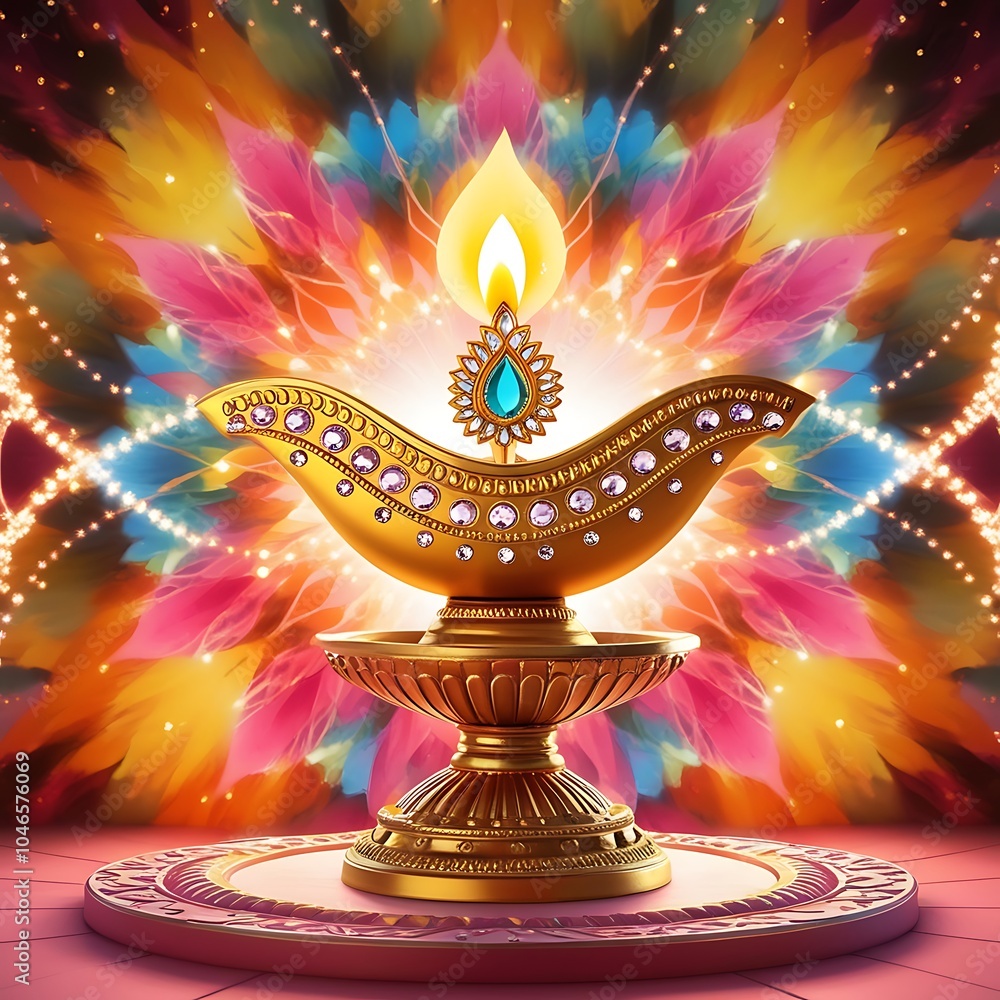 Fototapete 3d rendering of diwali deepavali or dipavali the festival of lights in india with gold diyas on podi