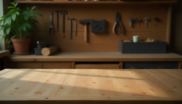 Product placement wooden table, blurred tools workshed background with copy space product display mockup