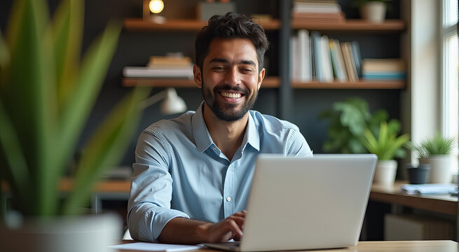 A man is sitting at a desk with a laptop in front of him