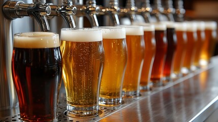 A row of assorted beer glasses filled with different beers, lined up under gleaming metal taps in a bar setting, offering a visually striking variety of brew choices.