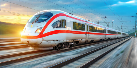 Fototapeta premium Modern train speeds along a railway track amidst chaotic surroundings during sunset