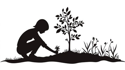 Creative silhouette logo design for Earth Day featuring a tree planting scene, set against a clean white background. This minimalist illustration captures the essence of environmental awareness 
