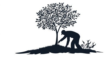 Creative silhouette logo design for Earth Day featuring a tree planting scene, set against a clean white background. This minimalist illustration captures the essence of environmental awareness 