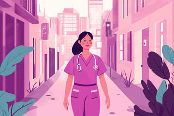 Illustration of a nurse walking through an urban city street.