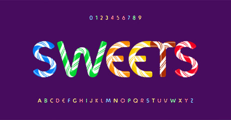 Striped sweets alphabet, glossy colorful letters, playful candy font for bright joyful headline, tasty cheerful logo, festive kid typeface, shiny creative lettering. Vector typeset.