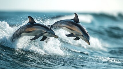 Fototapeta premium Two playful dolphins leap joyfully out of the ocean waves, capturing the essence of freedom, adventure, and the beauty of marine wildlife in natural surroundings.