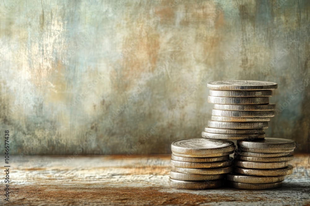 Poster stacks of coins arranged neatly on a rustic wooden table with a textured background