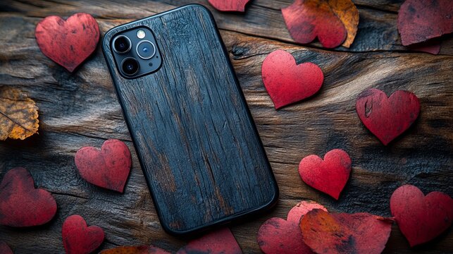 A smartphone with a wooden case lies surrounded by red paper hearts on a wooden surface, conveying themes of love and technology’s emotional impact. - Powered by Adobe