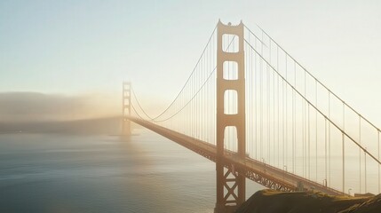 Fototapeta premium Golden Gate Bridge A Majestic View Amidst Fog and Tranquil Waters