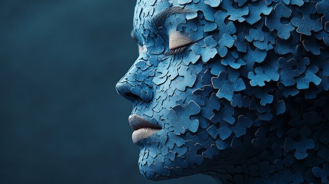 A woman's face artistically adorned with blue puzzle pieces, creating an abstract and imaginative artwork that explores creativity, identity, and transformation.