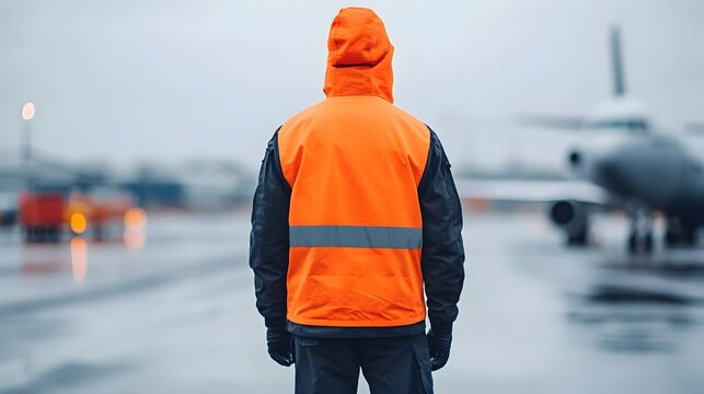 Experienced aircraft mechanic wearing a high visibility safety jacket carefully conducting a final walkaround inspection before aircraft takes off