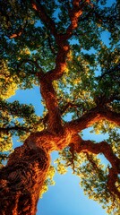 Majestic View of a Strong Oak Tree Reaching Towards the Clear Blue Sky Above