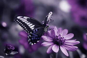 Black and white butterfly sitting on a beautiful purple flower with generative ai