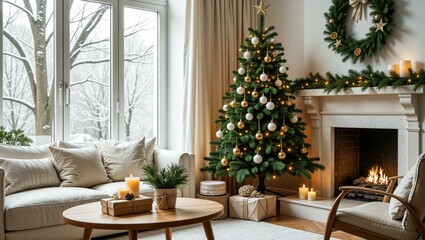 Obraz premium Cozy living room interior with Christmas tree, fireplace and coffee table