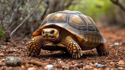 Fototapeta premium A tortoise is depicted walking along a natural earthy pathway in an outdoor setting, showcasing its textured shell and strong legs among surrounding vegetation.