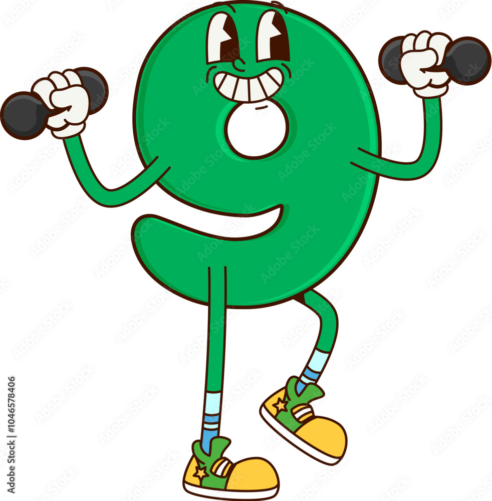 Poster Math number nine groovy cute character on fitness. Kids education digit 9 happy retro vector personage, mathematics number or school math numeric symbol groovy character doing exercise with dumbbells