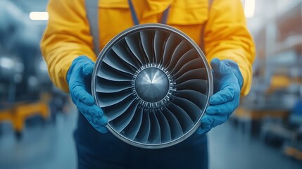 Technician using a borescope tool to carefully inspect the internal components and parts of a jet engine in a close up view