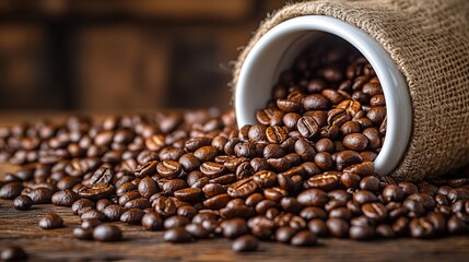 Rich coffee beans pour abundantly from a rustic burlap sack onto an aged wooden surface, evoking feelings of warmth and comfort in an intimate setting.