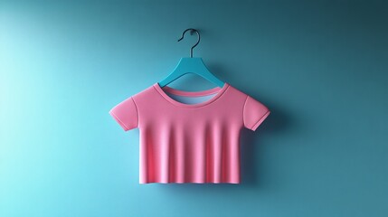 A fashionable pink T-shirt is neatly displayed on a vibrant blue hanger against a textured wall, showcasing modern style and elegance with a touch of simplicity.