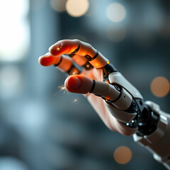 Human Hand Touching a Robotic Finger With Visible Sparks of Connection